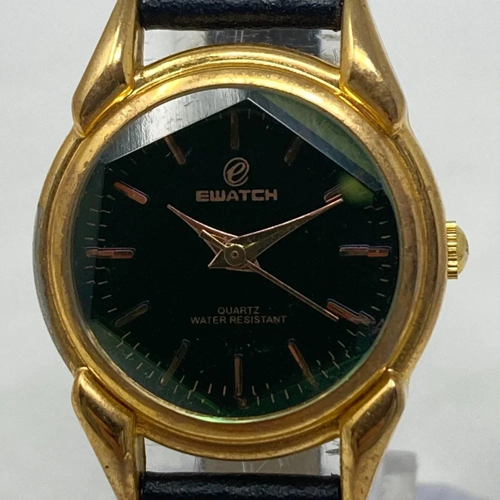 Ewatch Watch Women 25mm Gold Tone Green Dial Faceted Crystal New Battery 7.25
